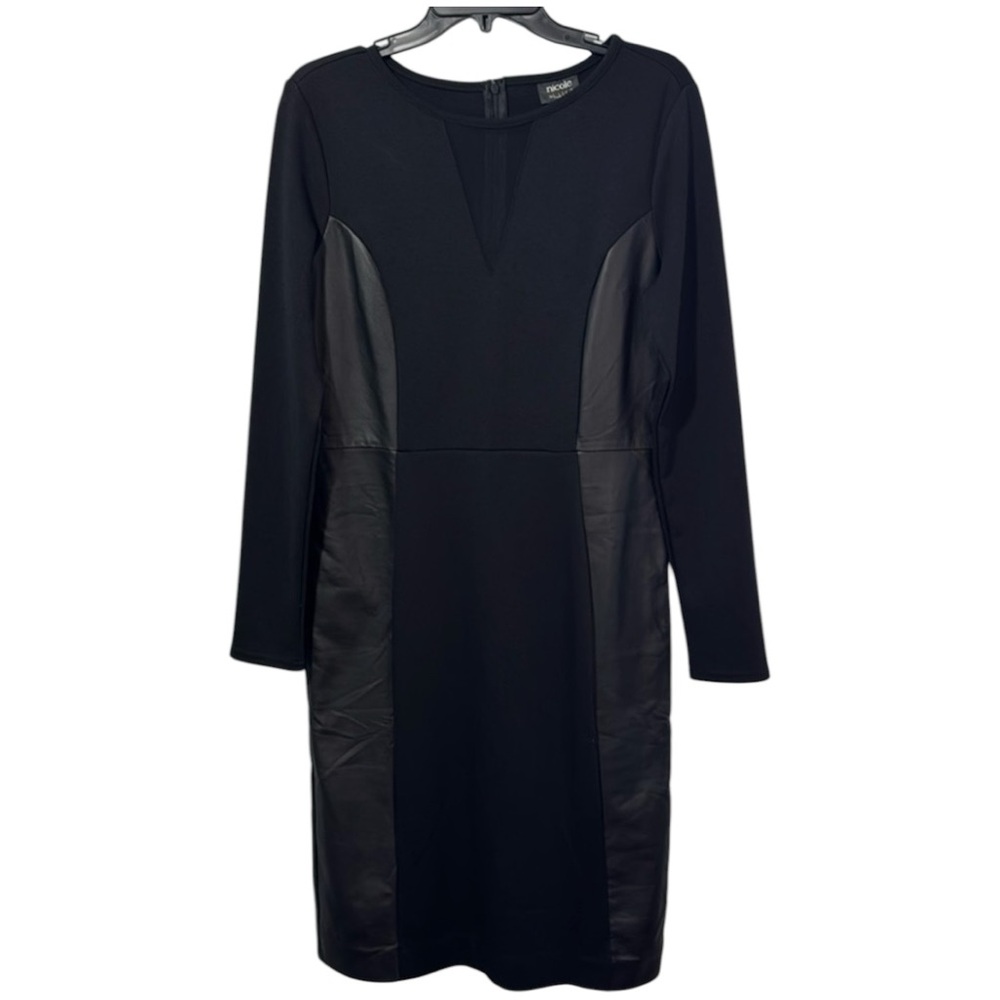 Nicole Miller Dress Black Faux Leather Midi Mesh Detail in Size M NWT